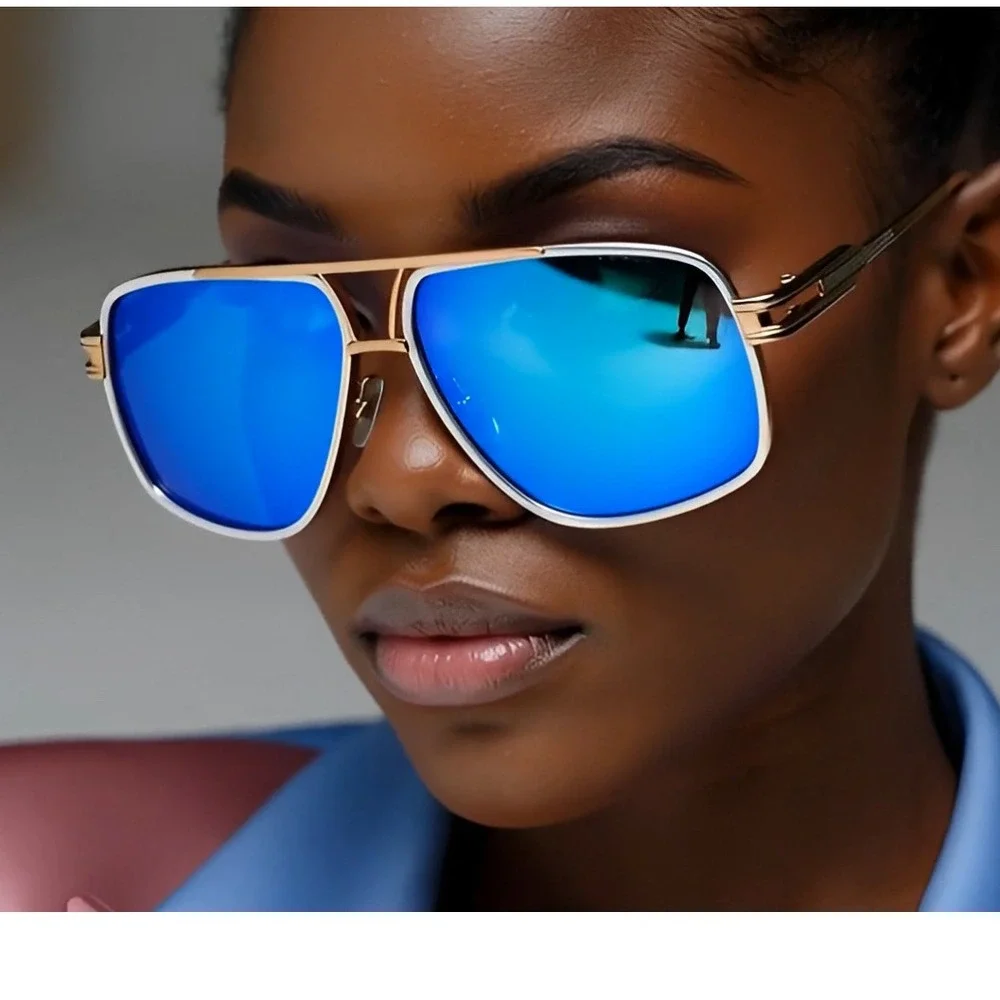 Designer Sunglasses Blue Mirror Lens Gold Frame‎ White Women Retro Square Trendy